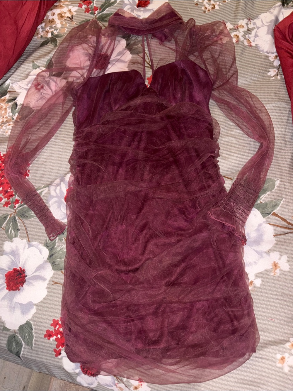 Women's Burgundy Mesh Ruched Long-Sleeve Dress